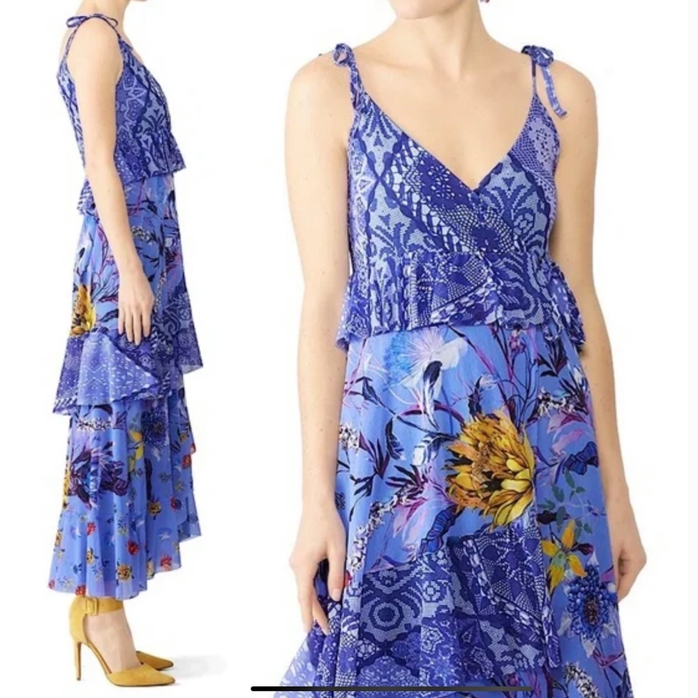 JEAN PAUL GAULTIER FUZZI Maxi Dress Floral Gauzy Sleeveless Ruffle Tiered Wrap S - Picture 2 of 7